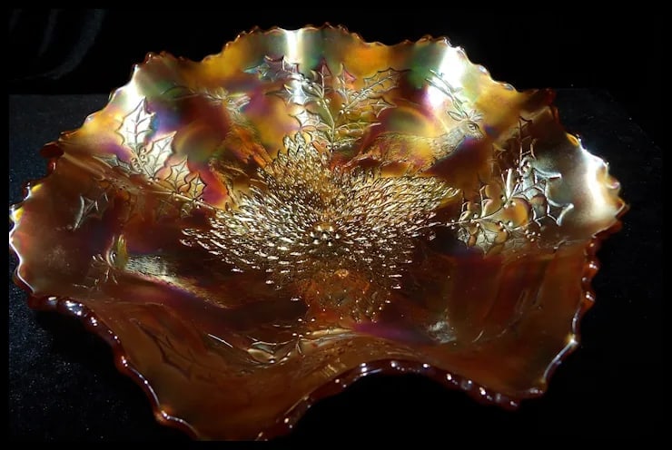 Antique Fenton Carnival Glass Stag and Holly Large Crimped Bowl - 6