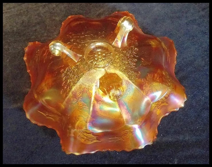 Antique Fenton Carnival Glass Stag and Holly Large Crimped Bowl - 8