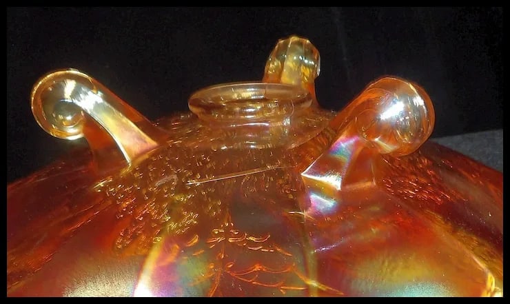 Antique Fenton Carnival Glass Stag and Holly Large Crimped Bowl - 9