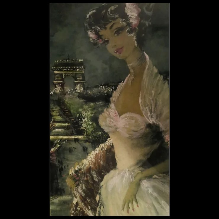 Vintage Eau Forte Originale Painting Paris Scene w Woman- pencil signed: Beautiful hand painted "eau forte originale" painting. Depicts a lovely lady at the Arc De Triomphe in Paris. These paintings are engravings that are then hand colored/painted. It is signed in pencil