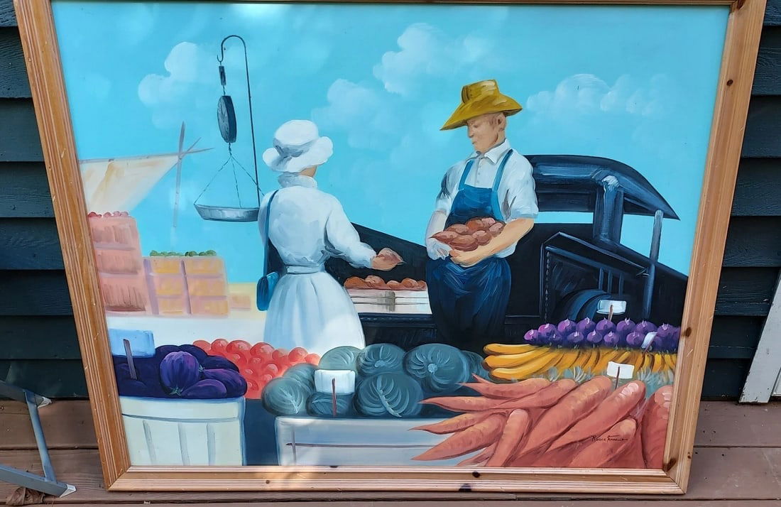 oil painting The Harvest For Sale Signed Not Grant Wood 1960 Amazing Colors: Great looking piece in excellent condition. I love this Americana painting. Colors leap off the page. Rare scene that happens so much in America. Roadside farm stand out of the back of a back of the t