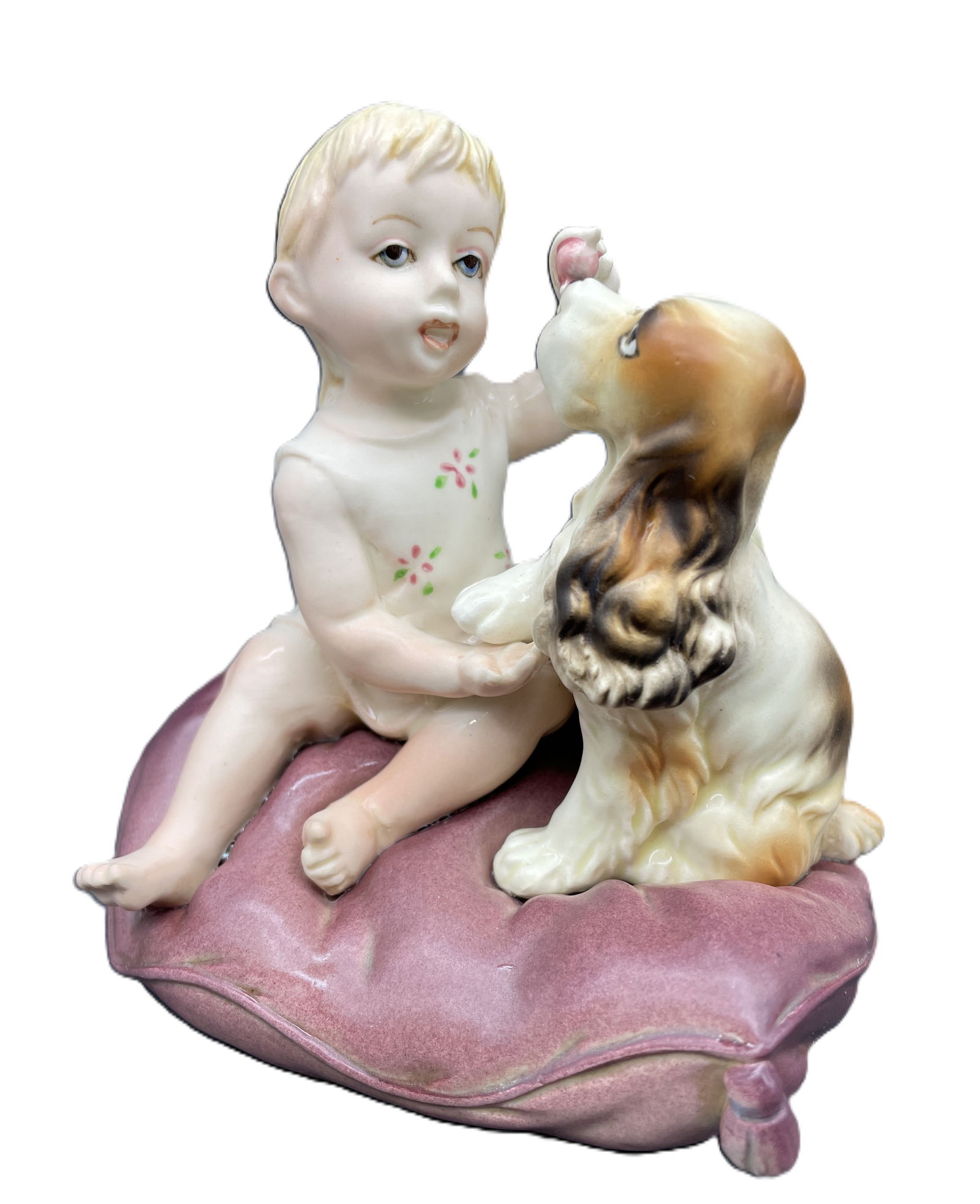 Andrea By Sadek Girl With Spaniel Dog On Pillow Porcelain Figurine 3407 Japan