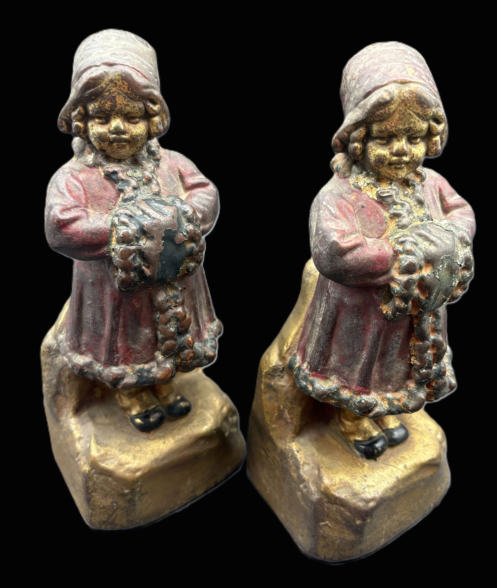 Antique ARMOR BRONZE BOOKENDS Girls W Muffs Winter