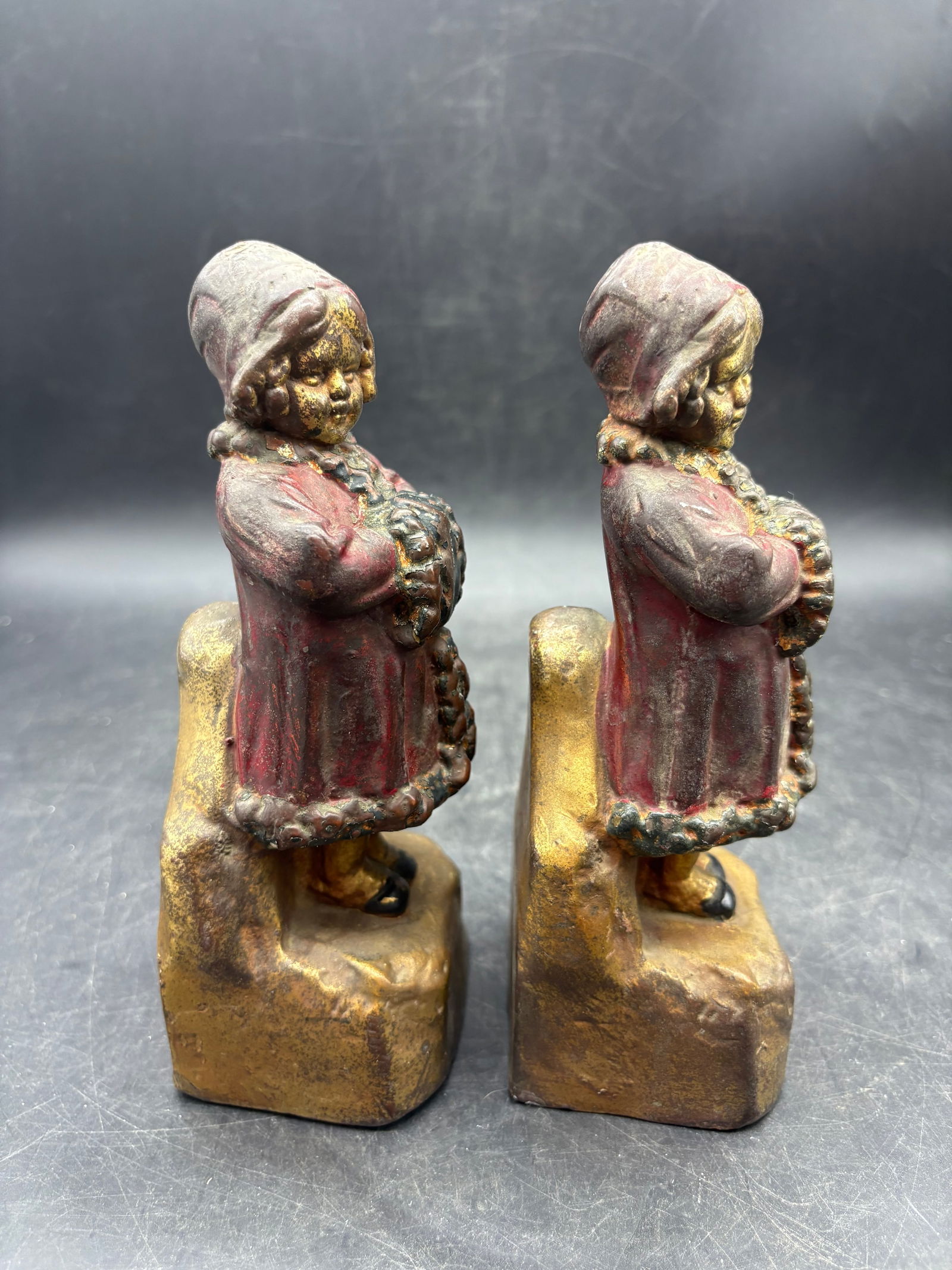 Antique ARMOR BRONZE BOOKENDS Girls W Muffs Winter - 2
