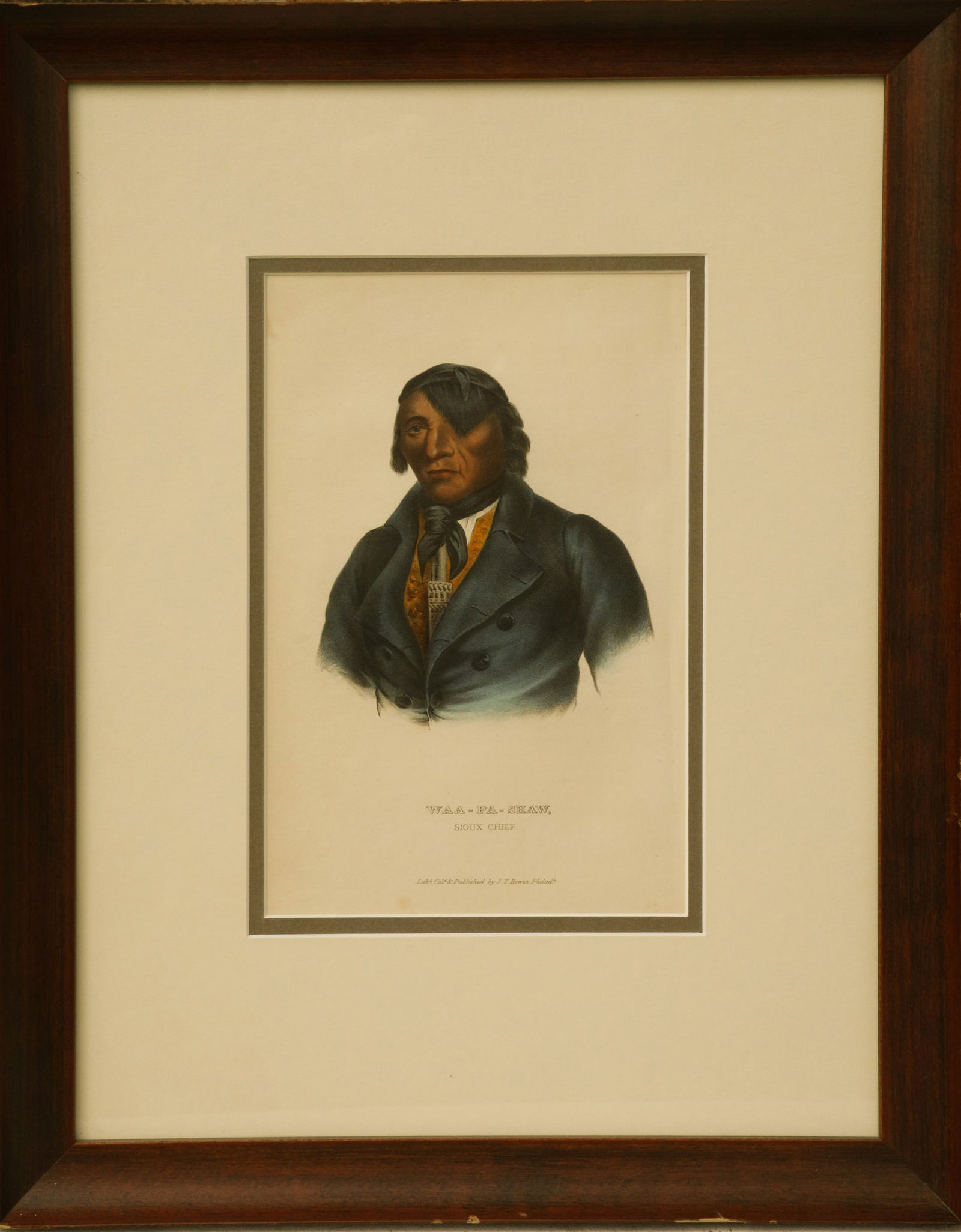 McKenney & Hall Native American Hand Colored Lithograph of WAA-PA-SHAW Sioux Chief: Title: McKenney & Hall Native American Hand Colored Lithograph of WAA-PA-SHAW Sioux Chief Description: WAA-PA-SHAW Sioux Chief by McKenney & Hall Native American Hand Colored Lithograph Lith’d C
