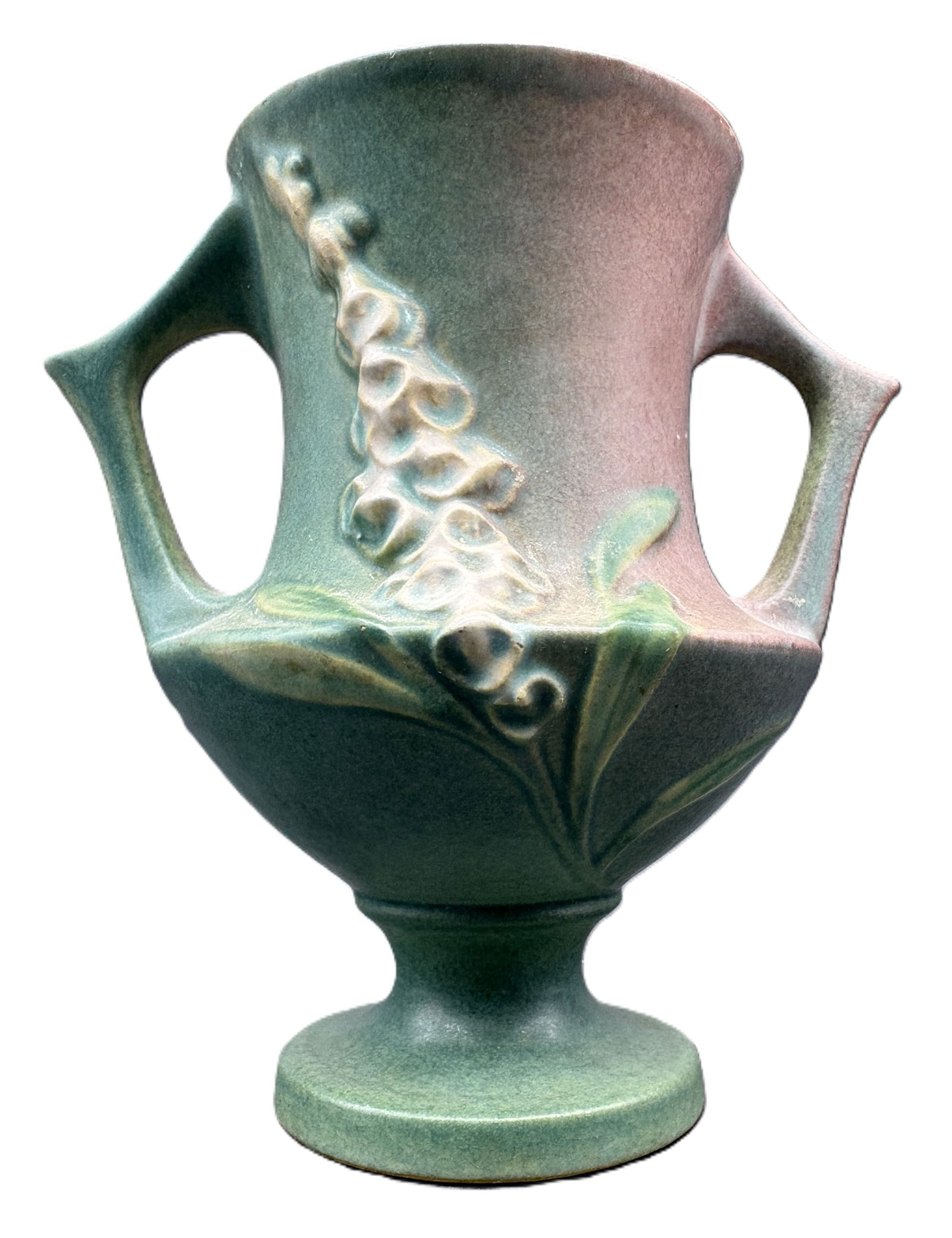 VINTAGE 1942 ROSEVILLE GREEN & PINK FOXGLOVE VASE 161-6 - 2