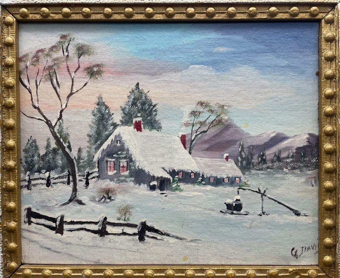 Original Signed G. Davis Folk Art Painting Winter Landscape Exquisite Frame 17" - 2