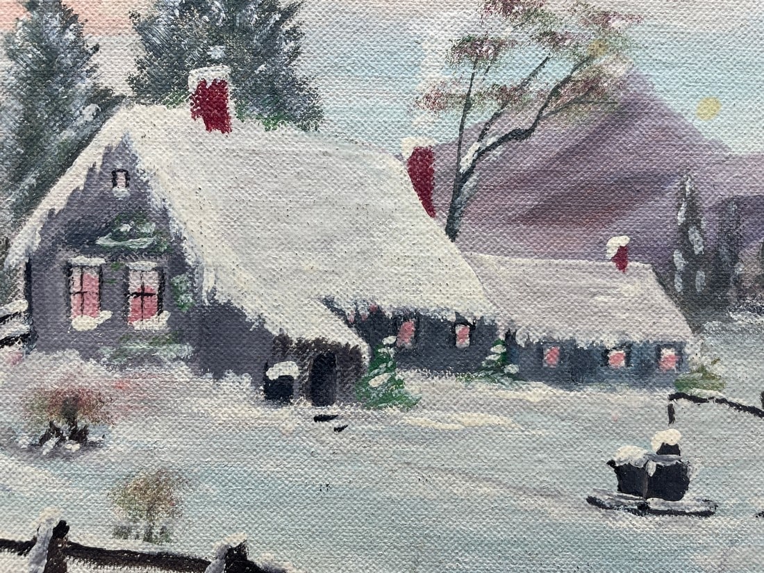 Original Signed G. Davis Folk Art Painting Winter Landscape Exquisite Frame 17" - 3