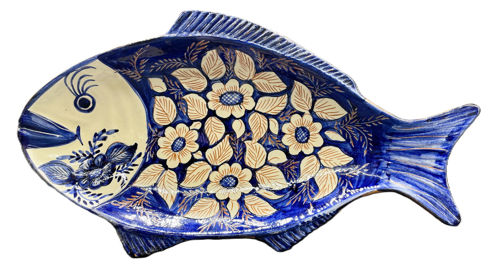 VTG Handpainted White & Blue Fish Platter Portugal Signed