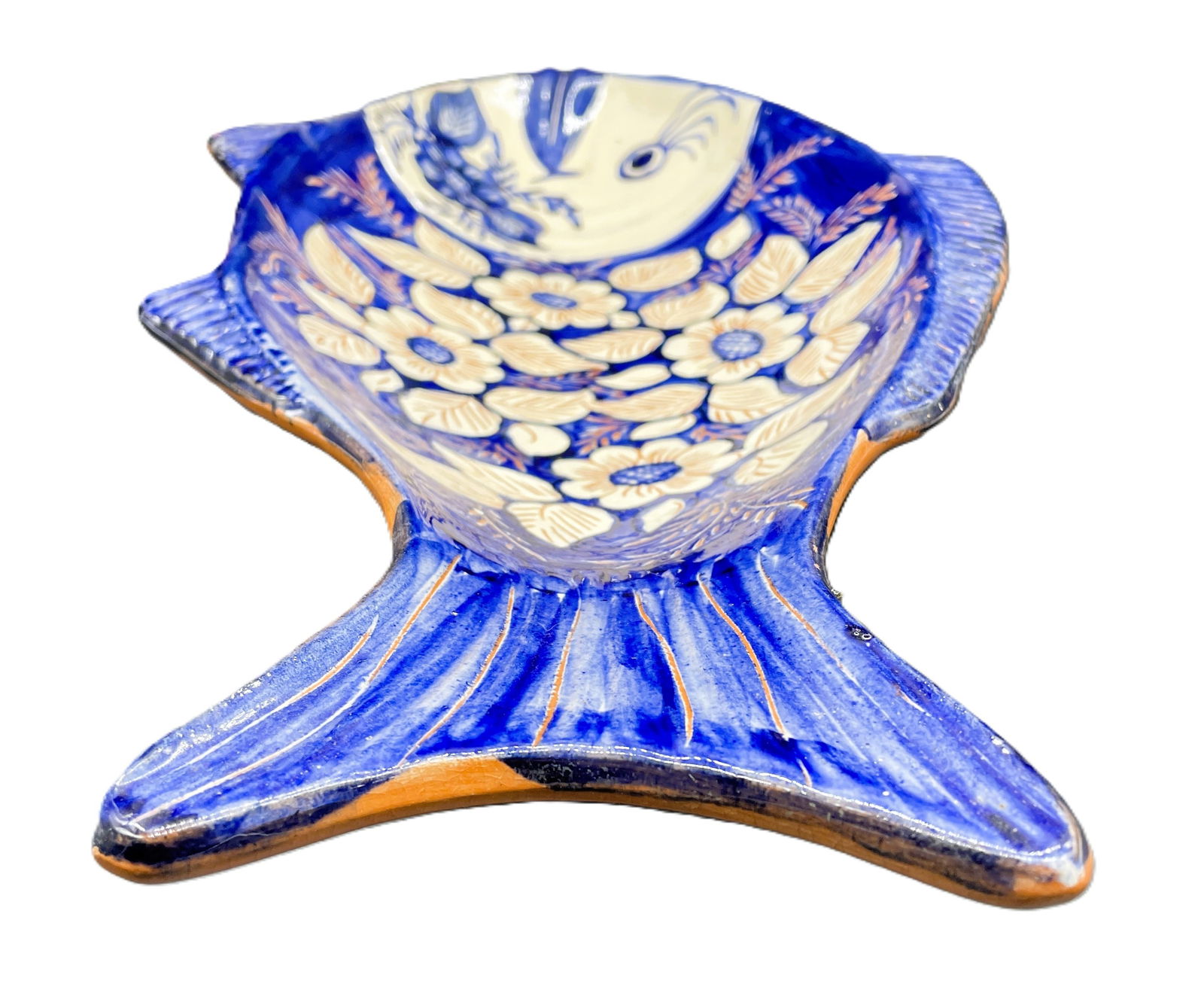 VTG Handpainted White & Blue Fish Platter Portugal Signed - 5
