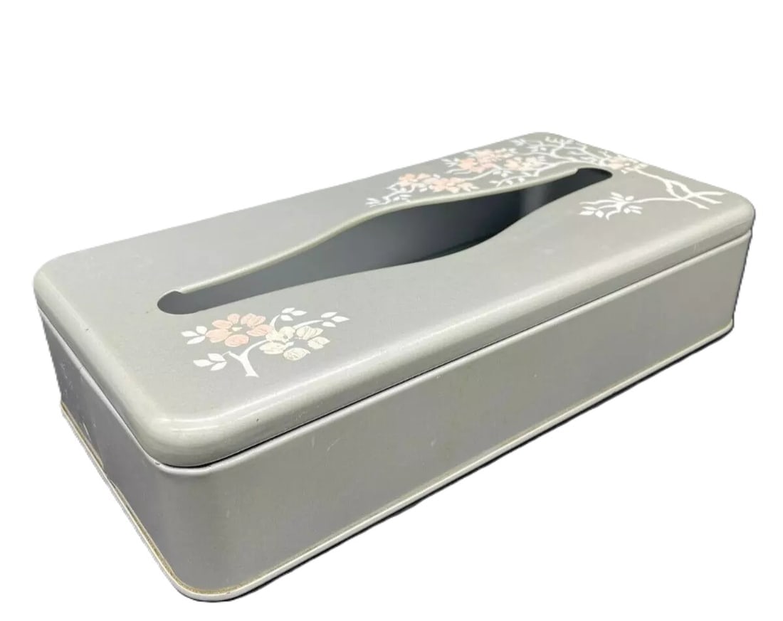 Vintage Ransburg 1950s Retro Hand Painted Silver White & Pink Metal Tissue Box - 2