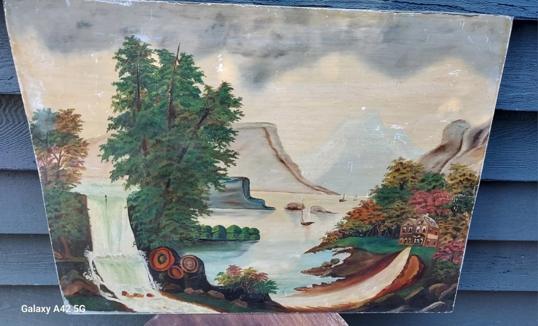 oil painting On Board Lake George Hudson Scene: Great looking piece in very good condition. Love the house and waterfall. Could be Hudson river or Lake george. Measures 18 x 24" .Shipping charges include insurance. Shipping: Domestic: Flat-rate of
