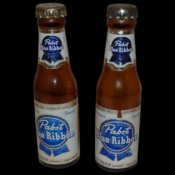 Vintage Pabst Blue Ribbon Miniature Beer Bottle by Bills Milwaukee: This pair of Vintage Pabst Blue Ribbon Salt Miniature Beer Bottle by Bills Milwaukee are in excellent condition with the exception of one of the tops. They were souvenir bottles and can be made into s