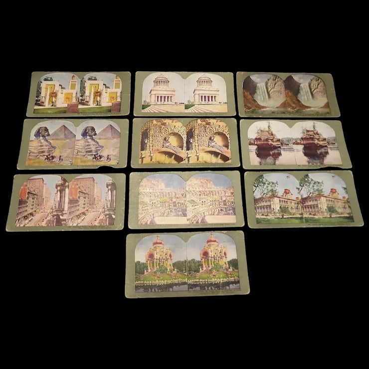 Antique Color Lithograph Stereographs- Stereoscope Viewer Cards: This set of 10 sequential numbered Antique Color Stereographs- Stereoscope Viewer Cards are in great condition. They give great 3D effects. You can travel the world through these graphs. The material