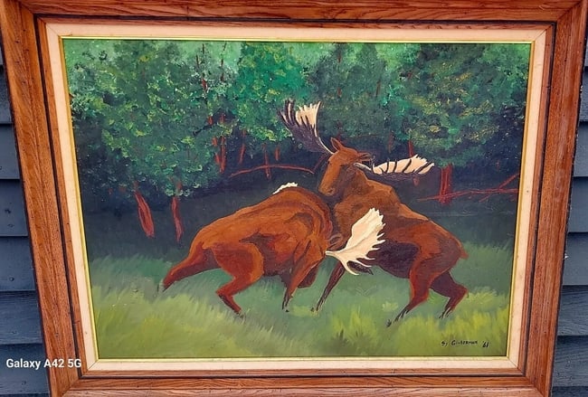 Impressionist oil painting Moose Rutting 1961 Globerman rare piece: Fantastic look and colors to this painting. Rare fighting moose scene. Dated and signed. Measures 36 x 27" Plus frame overall width 42". Shipping includes insurance. Shipping: Domestic: Flat-rate of $