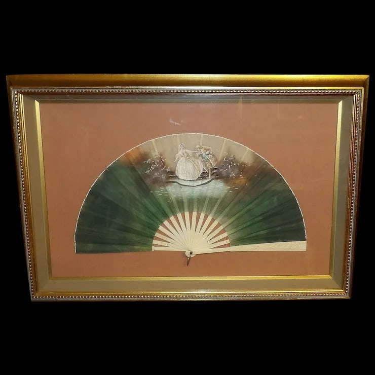 Antique Early 19th Century Hand Painted Fan in Frame