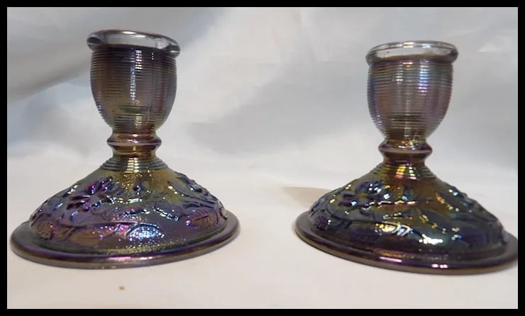 Imperial Amethyst/Smoke Carnival Glass Candle Stick Holders - 2