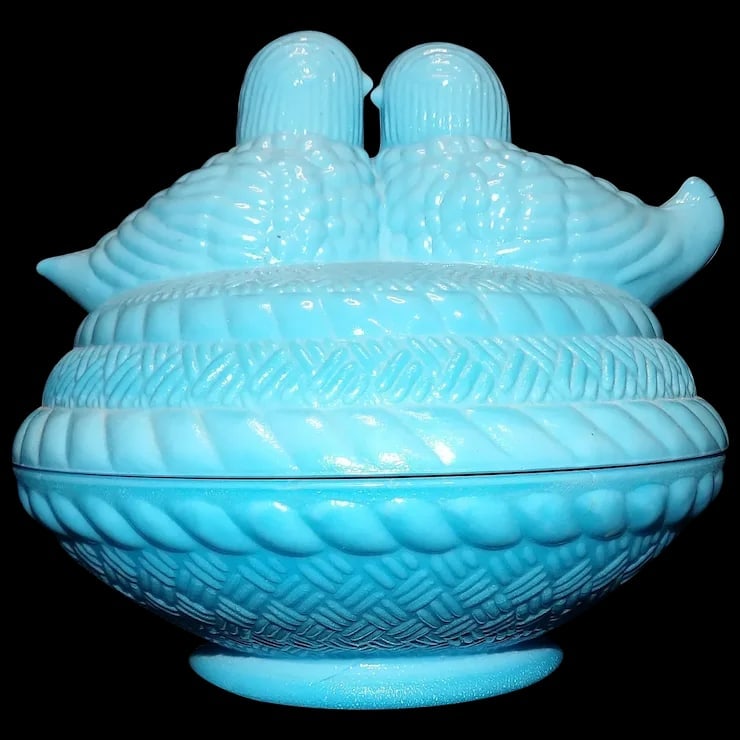Love Birds Covered Candy Dish Blue Glass (1 of 10)