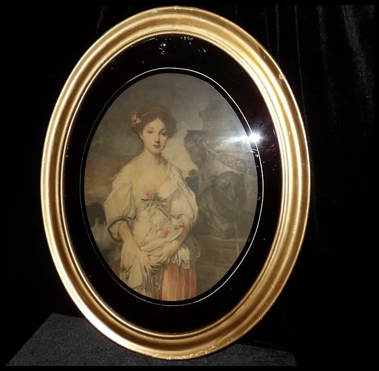 Antique Large Oval Gesso Frame with Reverse Painted Black Oval and English Print - 2