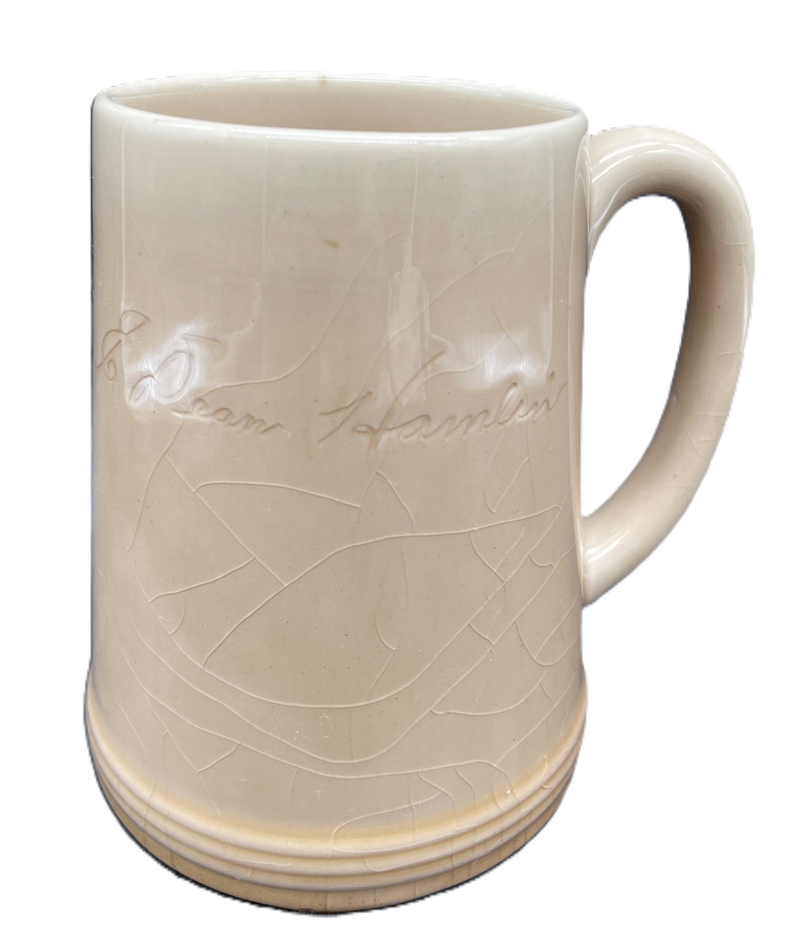 Rookwood 1948 Mid Century Modern Pottery High Glaze Personalized Mug 587C: Date/Period: approx 1948 Dimension: Approx. 5" tall x 5.5 x 4" Material: pottery Additional Information: Rookwood 1948 Mid Century Modern Pottery High Glaze Personalized Mug 587C E Dean Hamlin Shippin