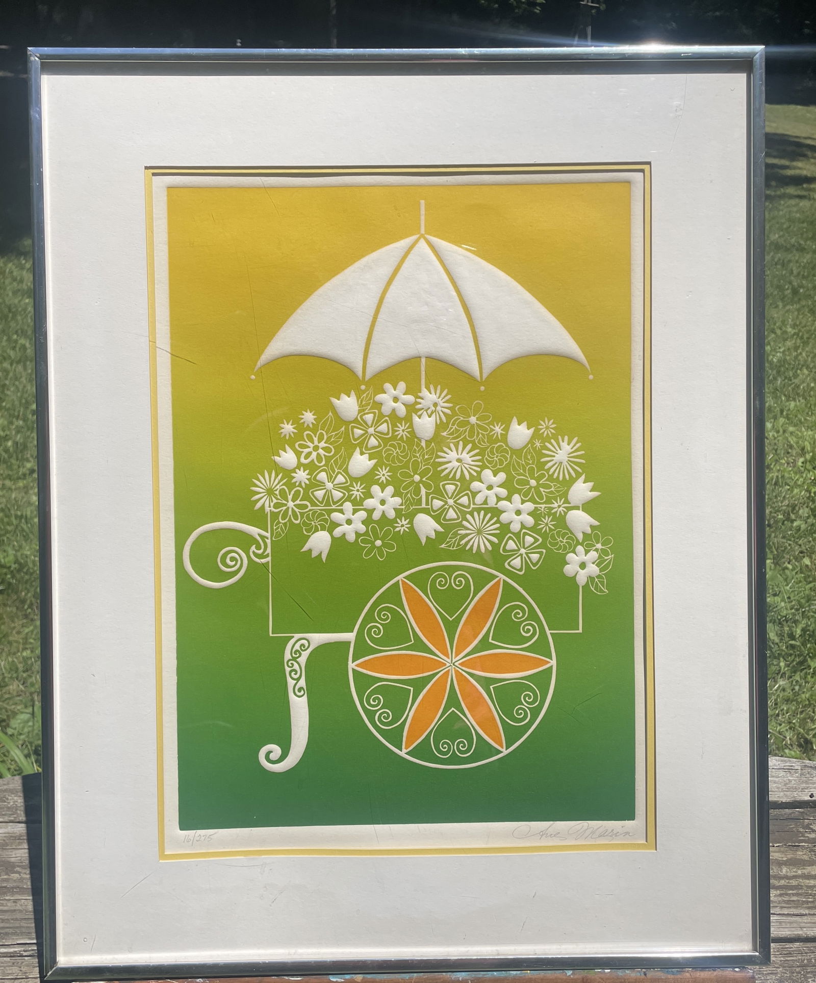 Vintage Etching AVE MARIA "April Showers" Signed Framed Limited Edition 16/275: Date/Period: unknown Dimension: Approx 24 x 19 Material: believe it is a silkscreen Additional Information: The title of the piece is "April Showers". It is a colorful illustration of a fancy wheeled