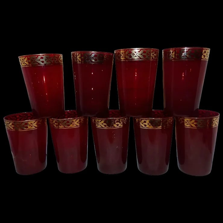 Vintage Pier 1 Holiday Table Ruby Red and Gold Glasses