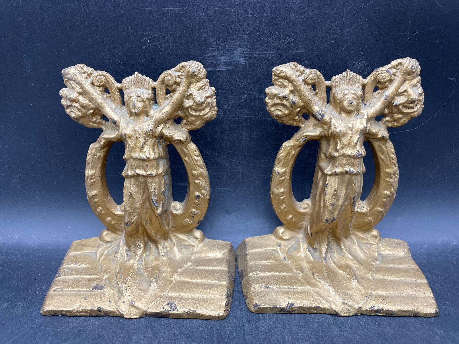 RARE C1925 "THESPIAN" CAST IRON BOOKENDS BY HUBLEY - DRAMA & COMEDY THEATER MUSE