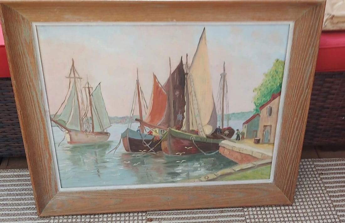 oil painting Beautiful Colorful 1920 Ships In Harbor Impressionist: Great looking piece in excellent condition. Love colors. Colors pop. Guessing from 1950's . Measures 18 x 24" without frame 29 x 22 overall. Shipping charges include insurance. Shipping: Domestic: Fla