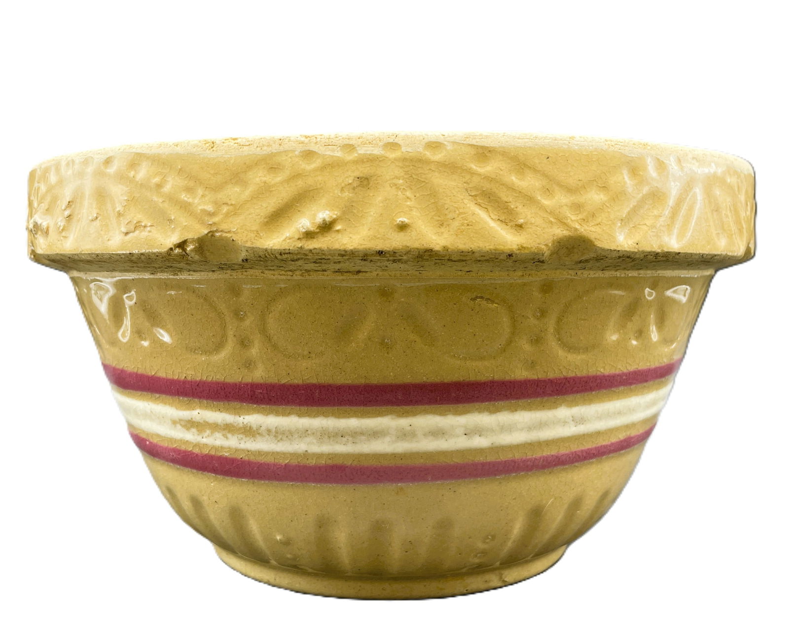 Antique 9" YellowWare Mixing Bowl with Red & White Bands