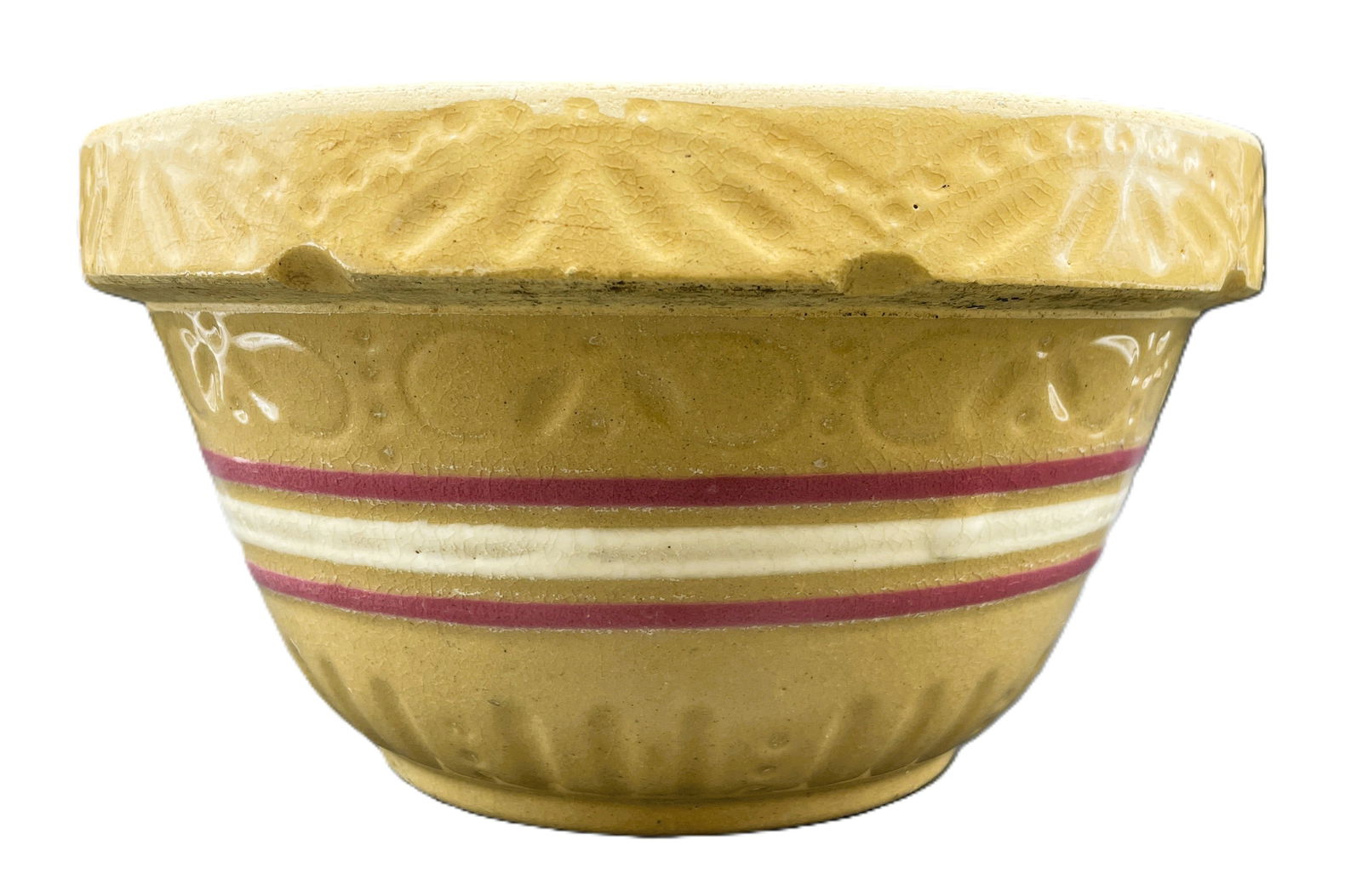 Antique 9" YellowWare Mixing Bowl with Red & White Bands - 4