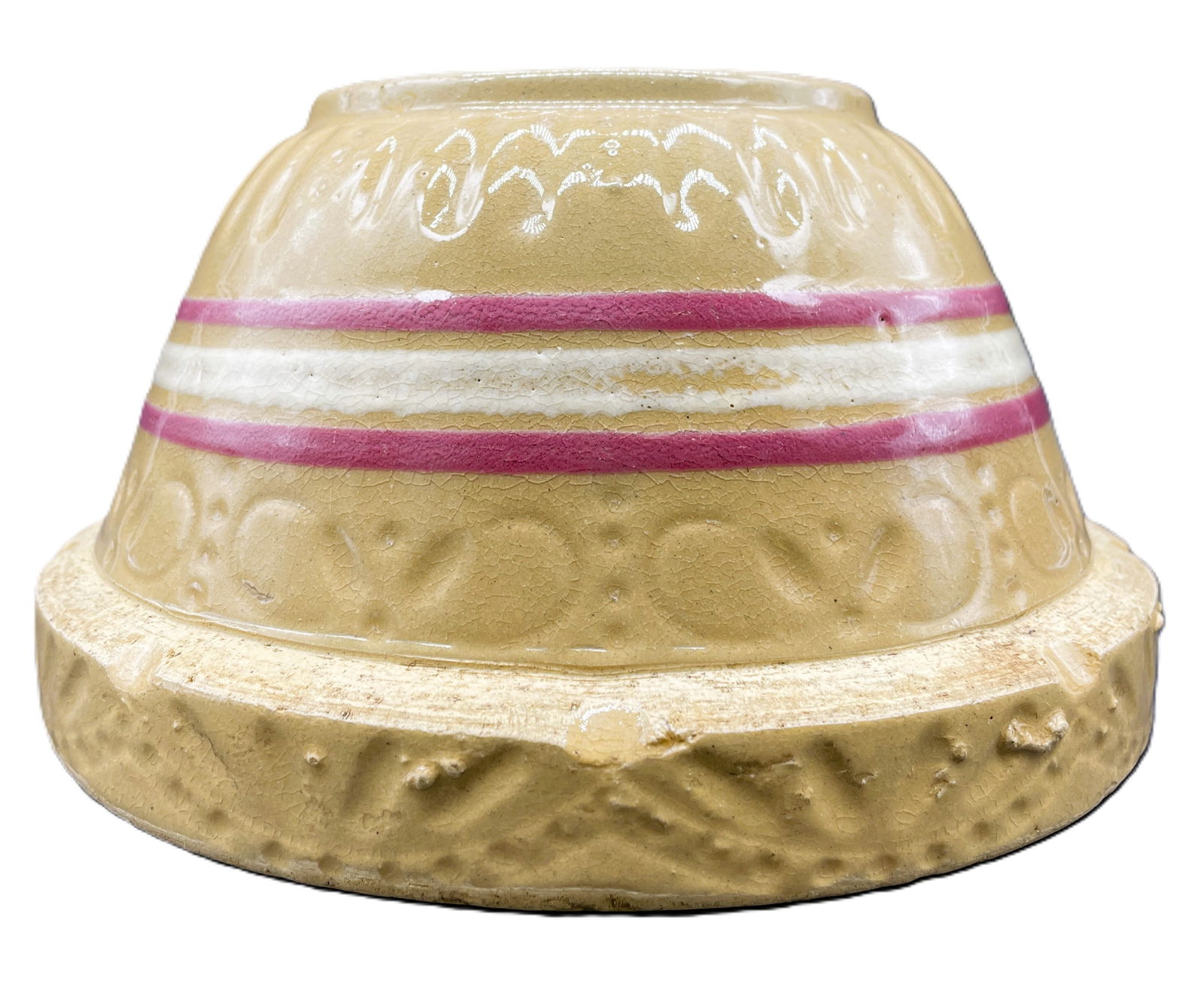 Antique 9" YellowWare Mixing Bowl with Red & White Bands - 5