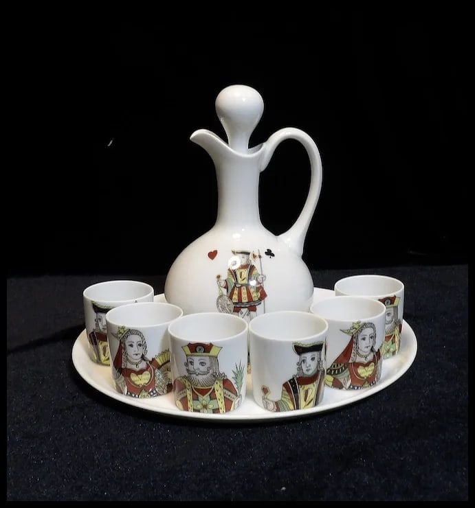 Vintage Porcelaine de Paris Neiman Marcus Limoges France 9 piece Liquor Decanter with King, Queen, - 2