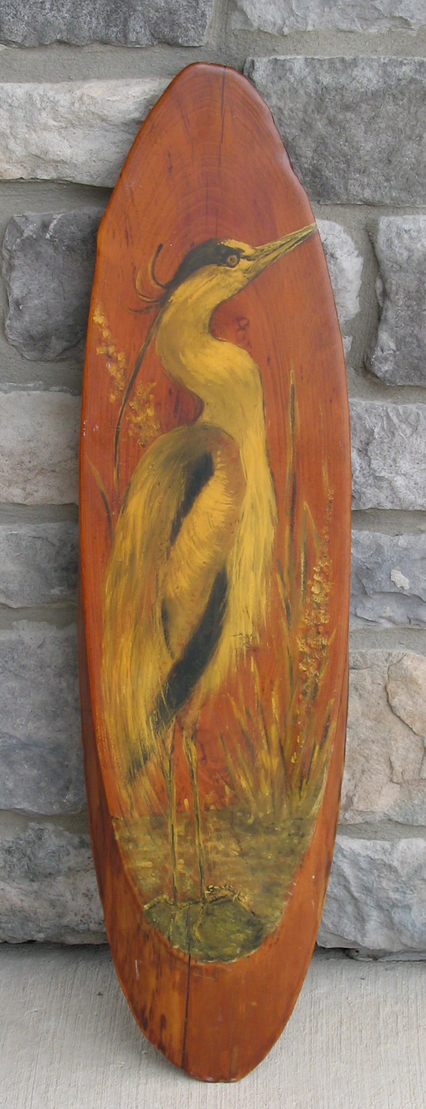 Vintage folk art Florida tourist painting of a Heron: Title: Vintage folk art Florida tourist painting of a Heron Date/Period: 1950's Dimension: 30” x 8” x 2” thick Additional Information: Nice vintage folk art oil painting of a Heron p