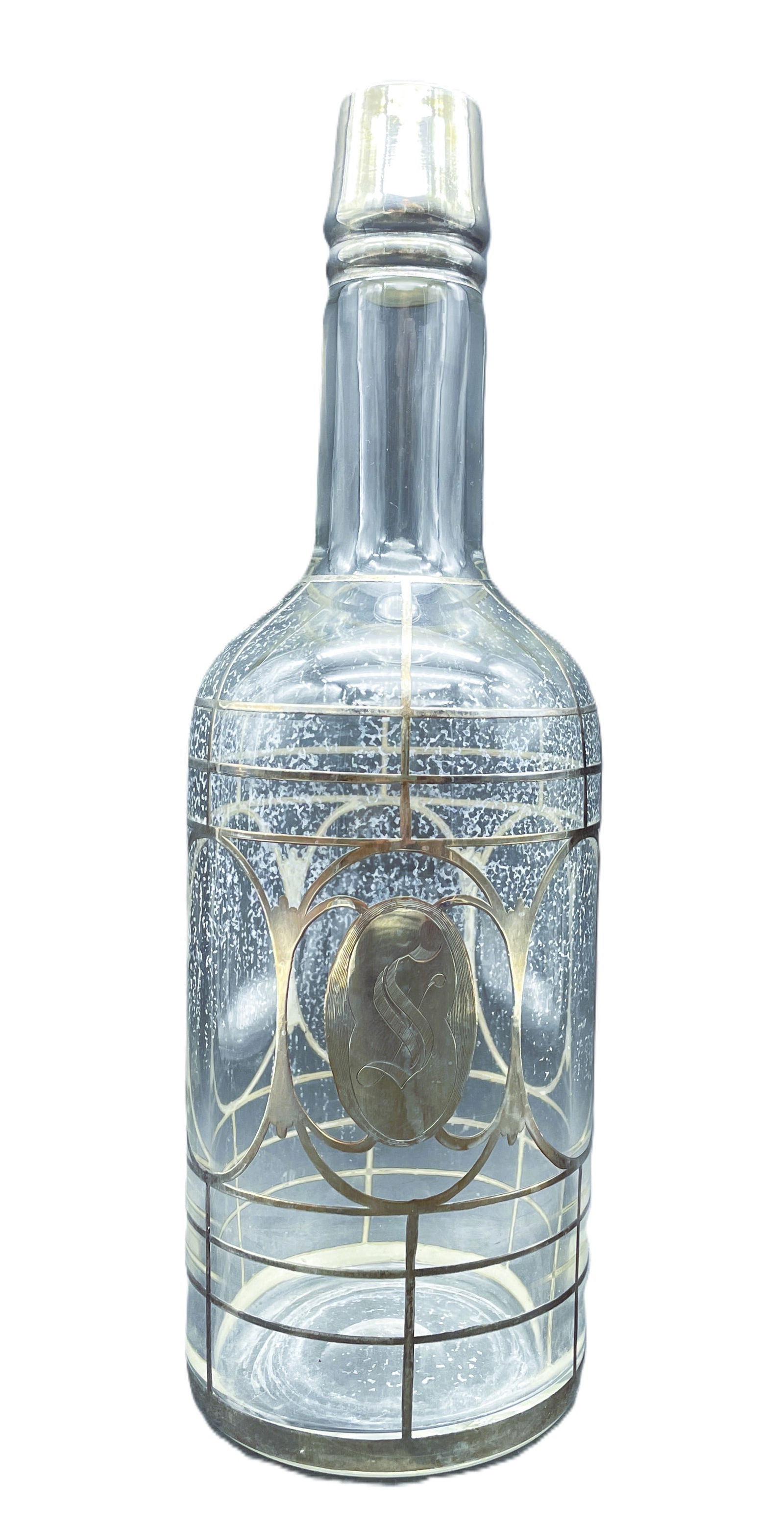 Sterling SILVER OVERLAY BACK BAR WHISKEY BOTTLE Monogramed: Date/Period: unknown Dimension: Approx 10.5 x 3 Material: glass and silver Additional Information: This antique whiskey bottle decanter features a Victorian American pattern with a sterling silver ove