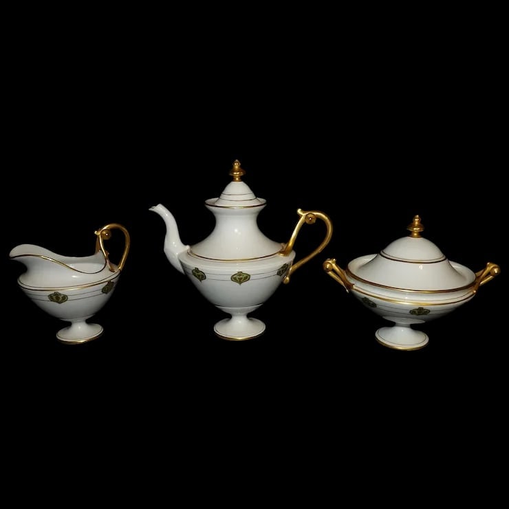 RARE Haviland France White with Gold Accent and Green Christmas Ornament Tea Set
