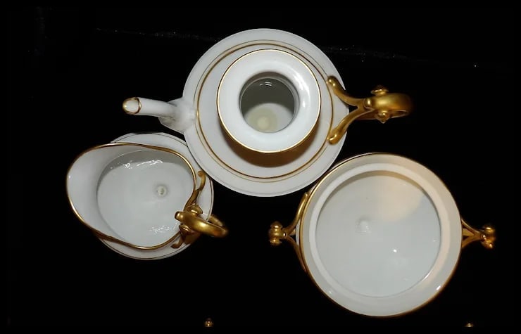 RARE Haviland France White with Gold Accent and Green Christmas Ornament Tea Set - 6