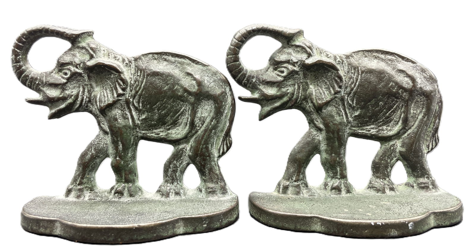 Cast Iron Elephant Bookends Door Stops Set Trunk Up: Date/Period: unknown Dimension: each approx 3.5" tall x 4.5" x 1.75" Material: cast iron Additional Information: Cast Iron Elephant Bookends Trunks Up Shipping: Domestic: Flat-rate of $9.00 to anywher