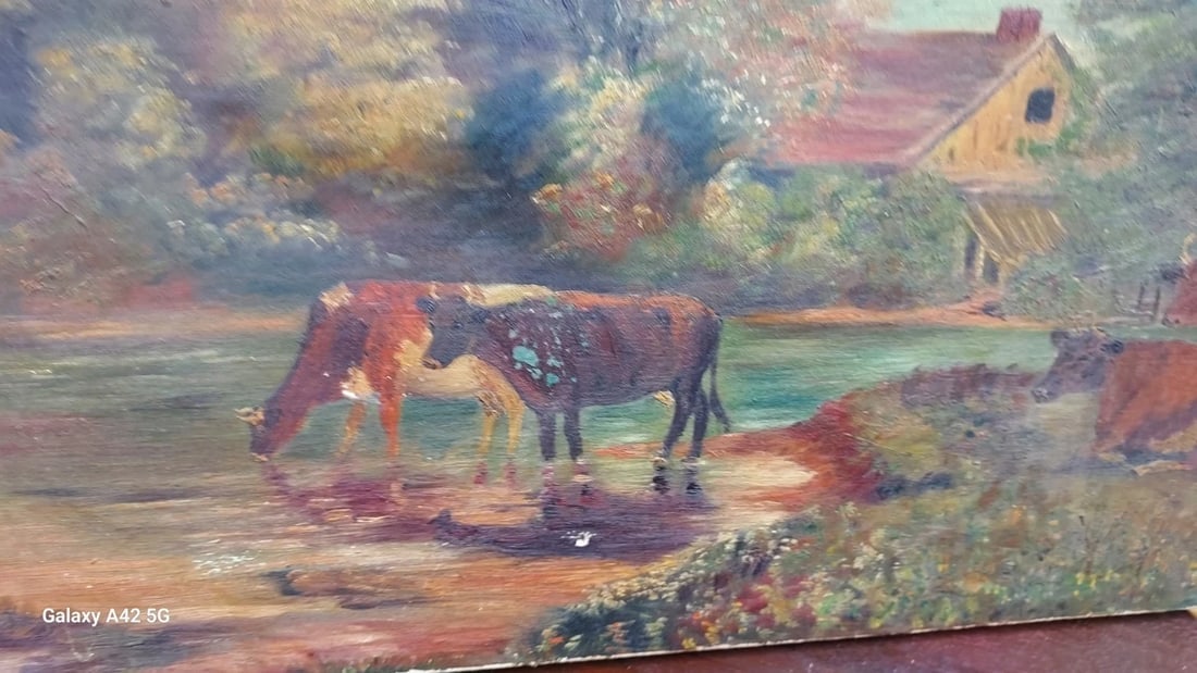 19th Century oil painting Cows In River Damage: Great looking piece in good condition. Great colors. Measures 26 x 16" no frame Shipping charges include insurance. Shipping: Domestic: Flat-rate of $30.00 to anywhere within the contiguous U.S. Inter