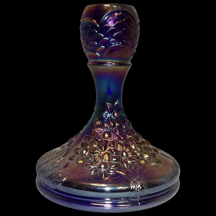 Fenton Orange Tree Cobalt Iridescent Carnival Glass Candlestick: This Fenton Orange Tree Cobalt Iridescent Carnival Glass Candlestick is in near MINT condition. Never used- was only for display. It measures 5” x 4 ¼”. It will make a striking displa