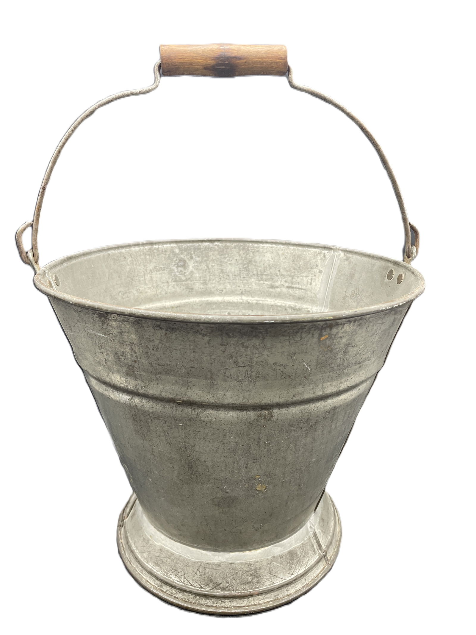 Antique Primitive Farmhouse Bucket Soldered Sheet Metal: Date/Period: unknown Dimension: Approx. 15.5" w handle up, 10.25" down, 11" diameter Material: metal, wood/ metal bale handle Additional Information: Antique Primitive Farmhouse Bucket Soldered Sheet