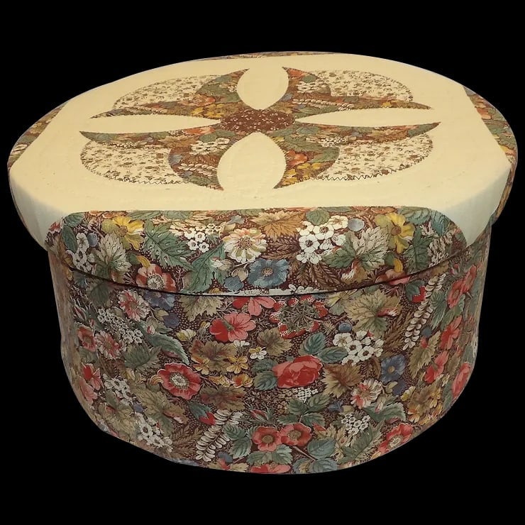 Folk Art Wood Round Storage Box Fabric Cover Inside and Out: This Folk Art Wood Round Cheese Storage Box Fabric Cover Inside and Out is an outstanding example of artisan folk art. This is a large box measuring 15 ¼” in diameter and is 8” in dep
