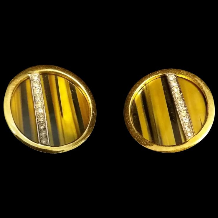 1960s Modernist Signed Trifari Earrings with Tiger’s Eye Gemstones and Rhinestones