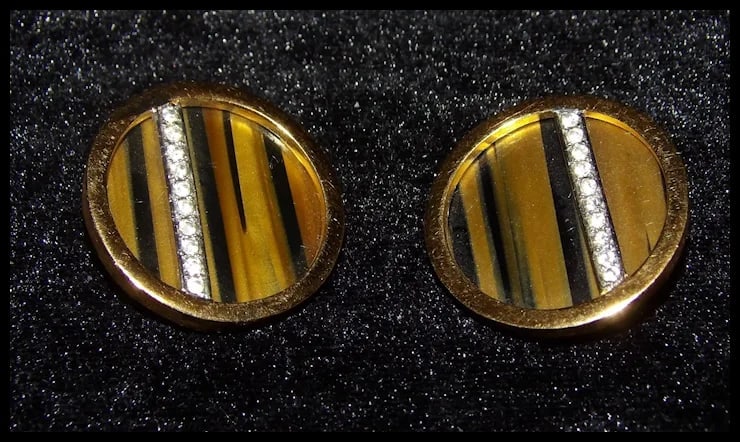 1960s Modernist Signed Trifari Earrings with Tiger’s Eye Gemstones and Rhinestones - 5