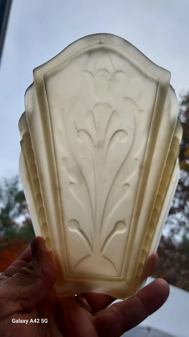 Antique Slip Shade Amber Frosted: Great looking piece in excellent condition. I have five. BID IS FOR ONE. . Measures 3 1/4" at narrow end and 5 1/4" widest and 7" long. Shipping charges include insurance. Shipping: Domestic: Flat-rat