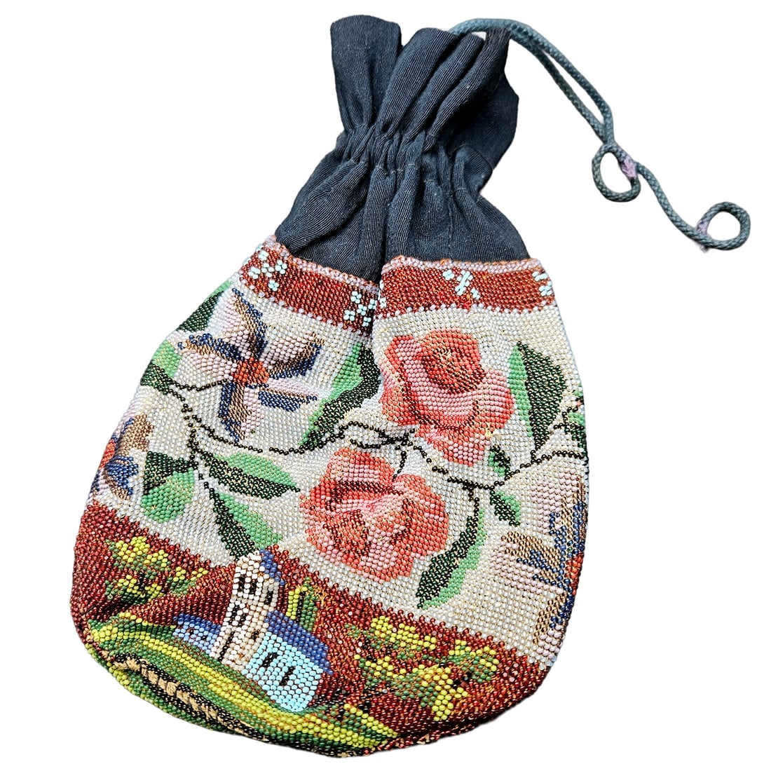 Victorian Era Floral Rose Beaded Drawstring Flapper Purse: Title: Victorian Era Floral Rose Beaded Drawstring Flapper Purse Description: Intricate glass bead work depicts red roses and green leaves with a multi-colored castle or farmhouse. Measures 5” T