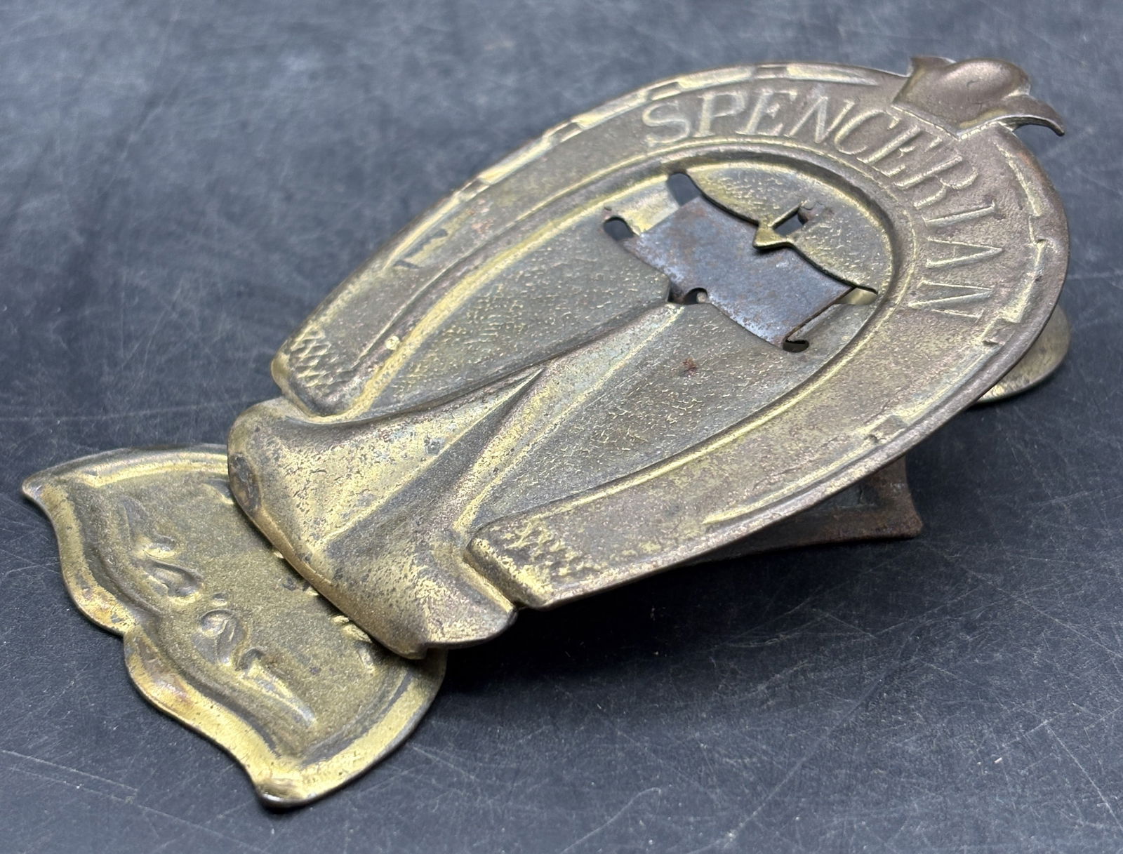 Vintage Brass Die Cut ADVERTISING SPENCERIAN PENS Paper Desk Clip: Date/Period: unknown Dimension: Approx 4" x 2.5" x 1" Material: mixed metal Additional Information: Vintage Brass Die Cut ADVERTISING SPENCERIAN PENS Paper Desk Clip Shipping: Domestic: Flat-rate of $