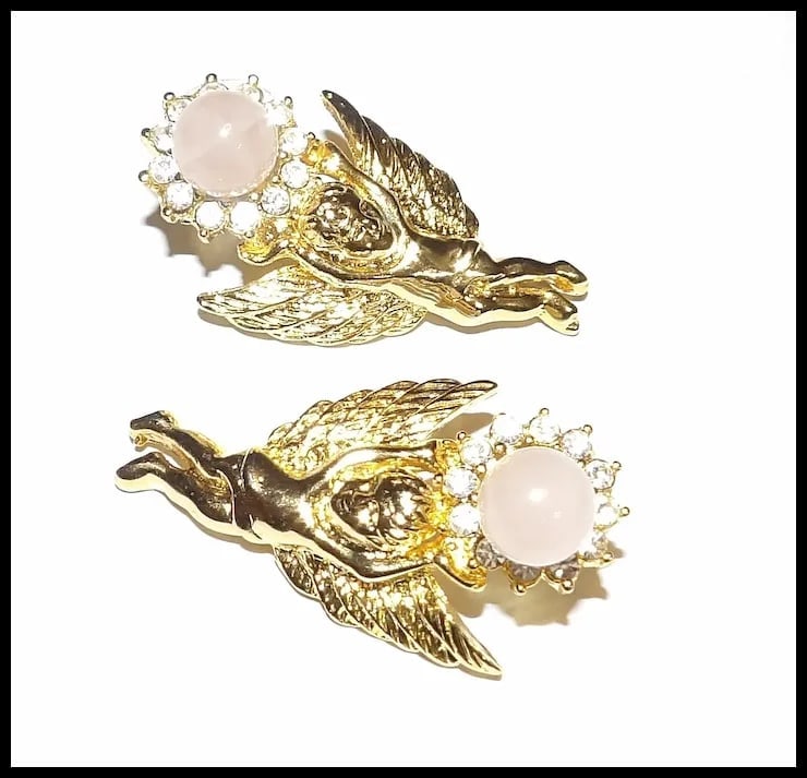 Gold Tone Cherubs with Rhinestones and Faux Pink Pearl Stud Earrings - 2