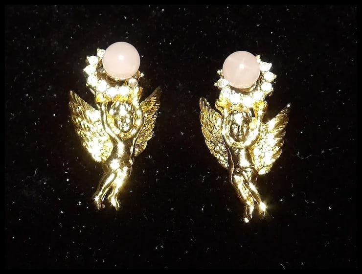 Gold Tone Cherubs with Rhinestones and Faux Pink Pearl Stud Earrings - 3
