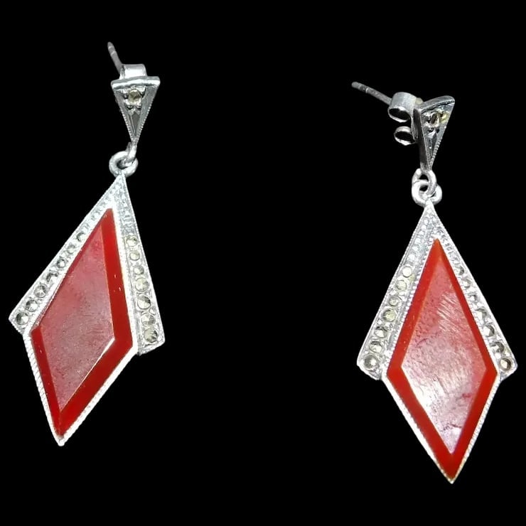 Vintage 925 Silver Earrings with Art Deco Geometric Shape