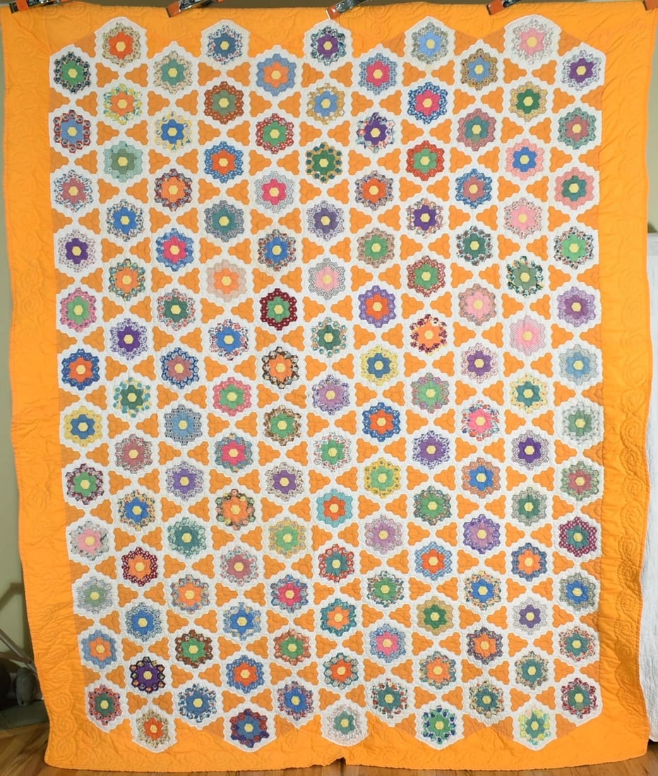 40's Flower Garden Quilt, Small Pieces: This GORGEOUS cotton and cotton blend 40's flower garden / stars / mosaic quilt is all hand pieced and hand quilted, with solid cheddar / orange accents and small hexagon pieces measuring approximatel